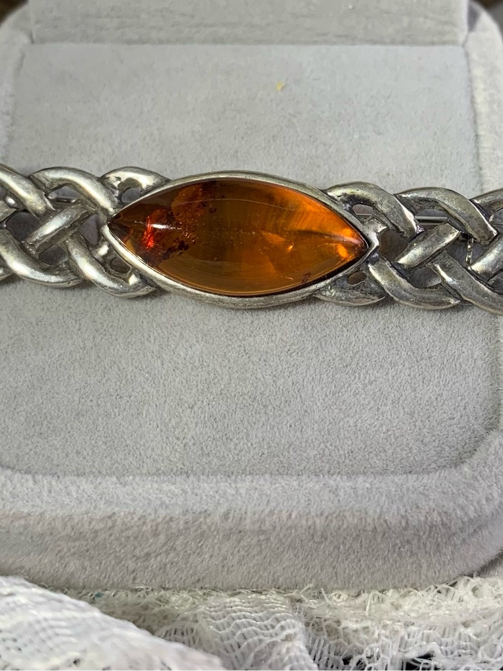 Elegant Amber Marquise Brooch in Sterling silverSetting -Celtic Knotwork design